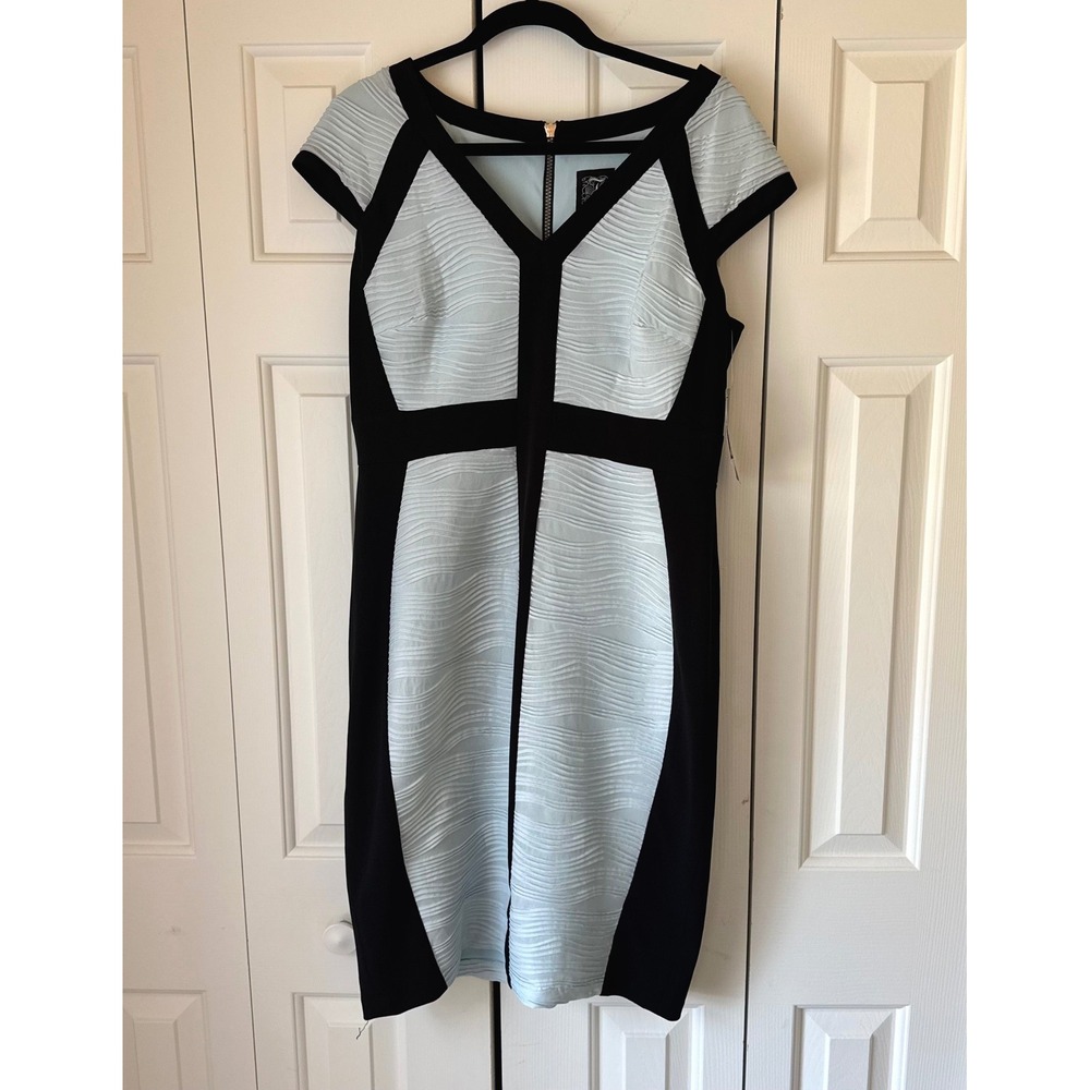 Jax Women Light Blue Black Textured Colorblock Sheath Dress Size 14 1PJK69M